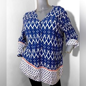 Grand & Greene Boho Artsy Blue & White Light Flowy Blouse 3/4 & Long Sleeve XL